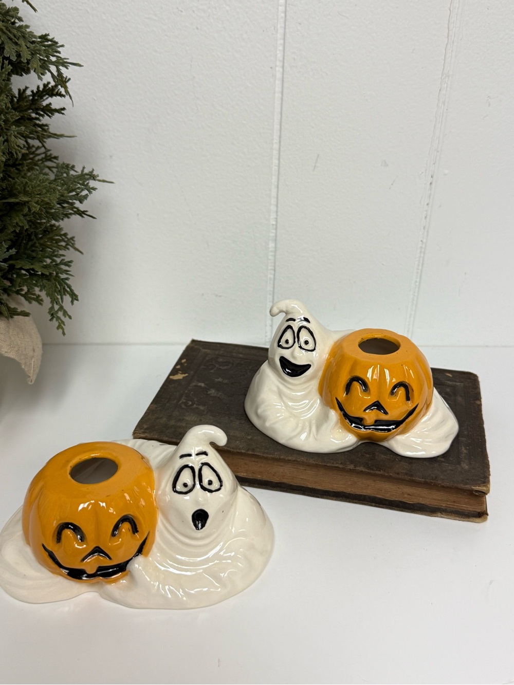 Vintage Ceramic Halloween Ghost & Pumpkin Candle Holders Pair Set of 2 Hobbyist